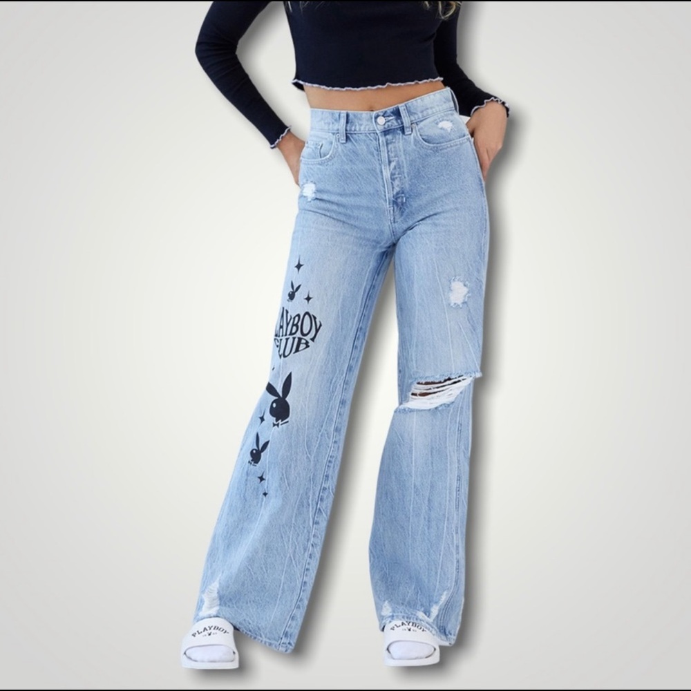 NWT Playboy X PacSun Jeans Eco Distressed High Waisted Baggy 22 23 24 25 27 - Picture 2 of 15